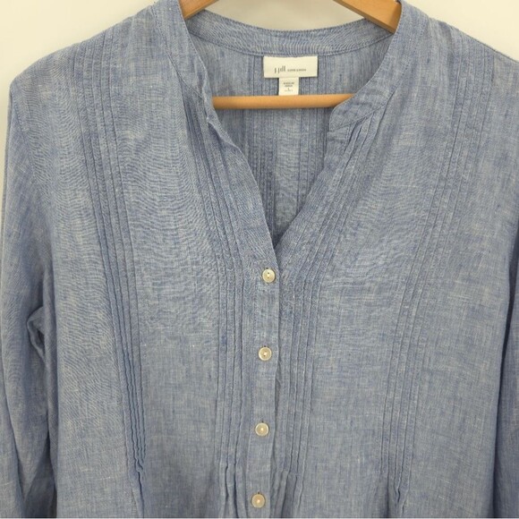 J.Jill 100% Linen Pintuck Tunic Top Button Front Roll-Tab Sleeve Blue Love Linen - Picture 4 of 15